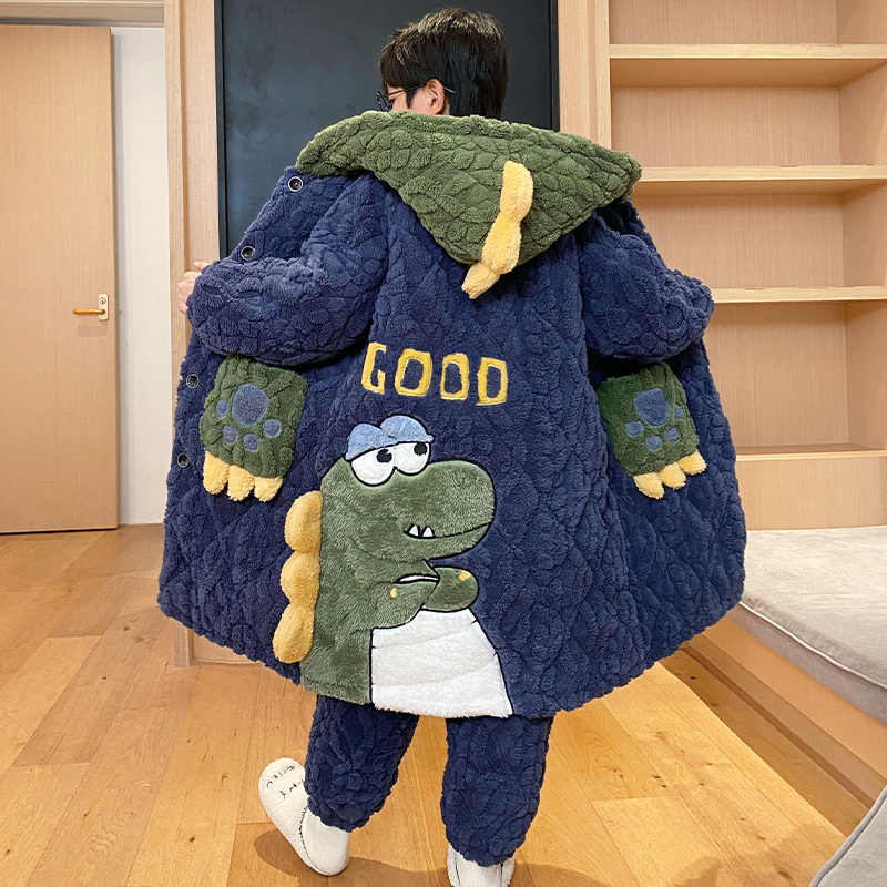 男童睡衣秋冬季款2025新款三层夹棉加厚珊瑚绒儿童睡袍男孩家居服