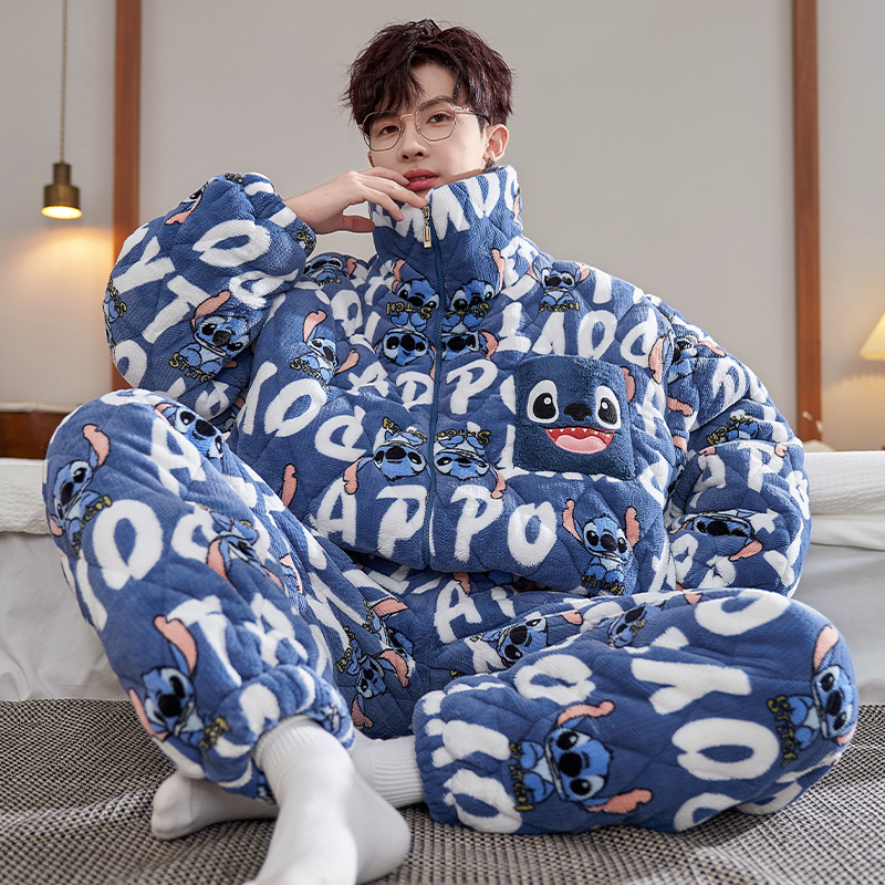 睡衣男款冬季加绒加厚珊瑚绒夹棉