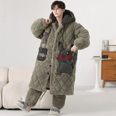 男士睡袍冬季青年三层夹棉珊瑚绒