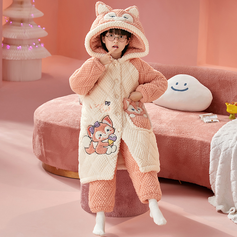 三层夹棉女童珊瑚绒睡衣加绒加厚