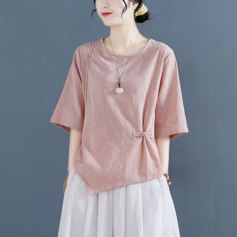 文艺中袖纯色棉麻提花100%纯棉女