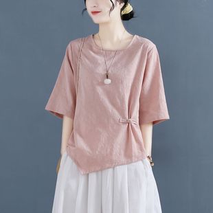 棉麻短袖 宽松文艺盘扣提花净色显瘦不规则亚麻上衣 T恤女夏季 新款