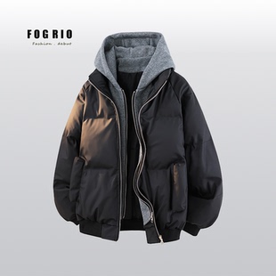 冬季 假两件男女同款 连帽PU皮加厚棉服宽松保暖百搭 RIO新款 FOG