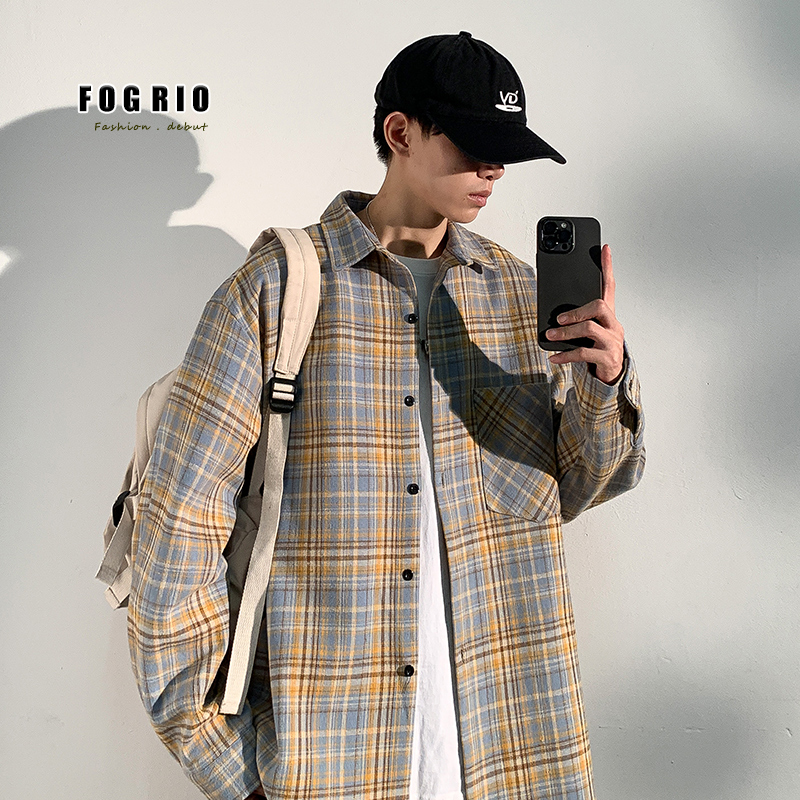 FOG RIO新款春秋季户外流苏格子长袖衬衫男款宽松休闲百搭衬衣