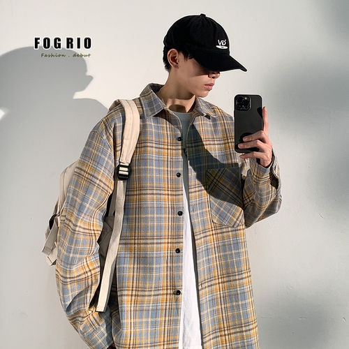 FOG RIO新款春秋季户外流苏格子长袖衬衫男款宽松休闲百搭衬衣