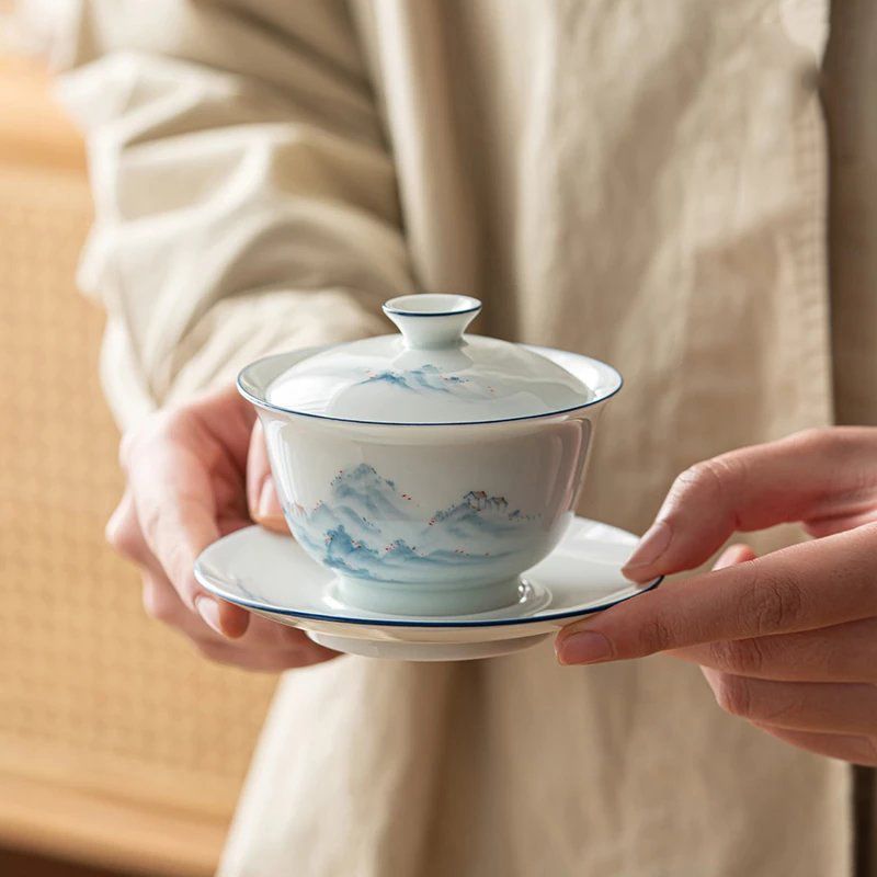 中式影青手绘远山福韵盖碗功夫茶具陶瓷三才盖碗手工釉下彩茶盖碗