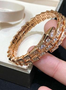 蛇形手镯女士镀金18k玫瑰金三圈多圈小众设计网红手环头满钻蛇骨