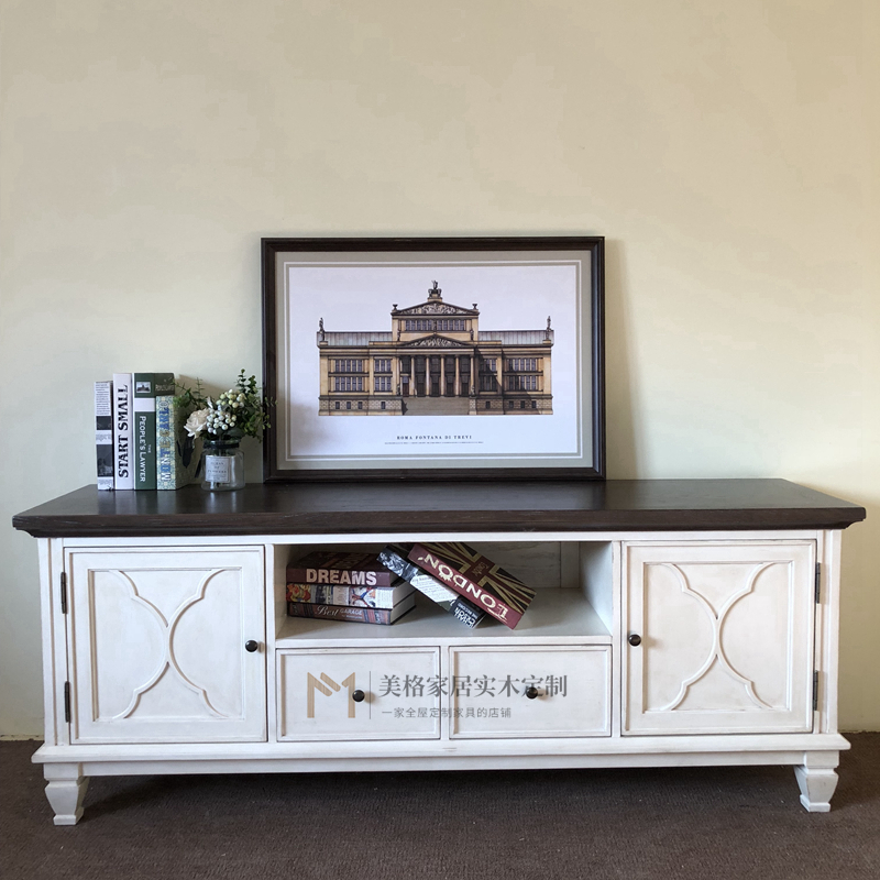 美式乡村田园经典电视柜地柜客厅家具红橡白蜡实木家具定制