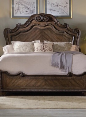 HOOKER美式复古实木雕花双人床1.8米大床古典别墅大户型实木床