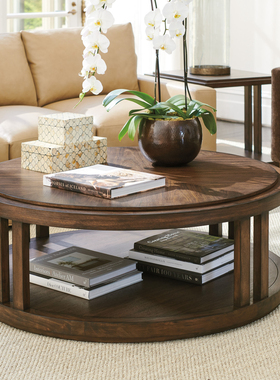 Lexington美式乡村实木圆形茶几双层储物柜简约田园风客厅家具