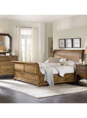 hooker美式乡村实木床雪橇床1.8米双人大床主卧床板式婚床