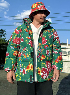 MY206绿色连帽加厚保暖防寒棉衣外套棉袄棉服东北大花男女团队潮