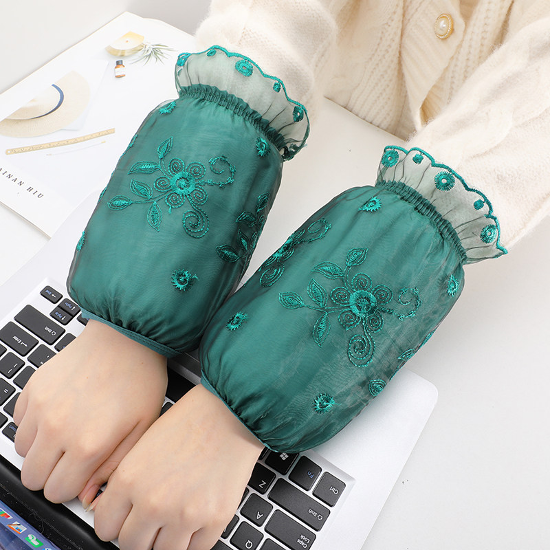 绿色袖套羽绒服专用套袖女士冬季新款防污护袖短款绣花边蕾丝袖头