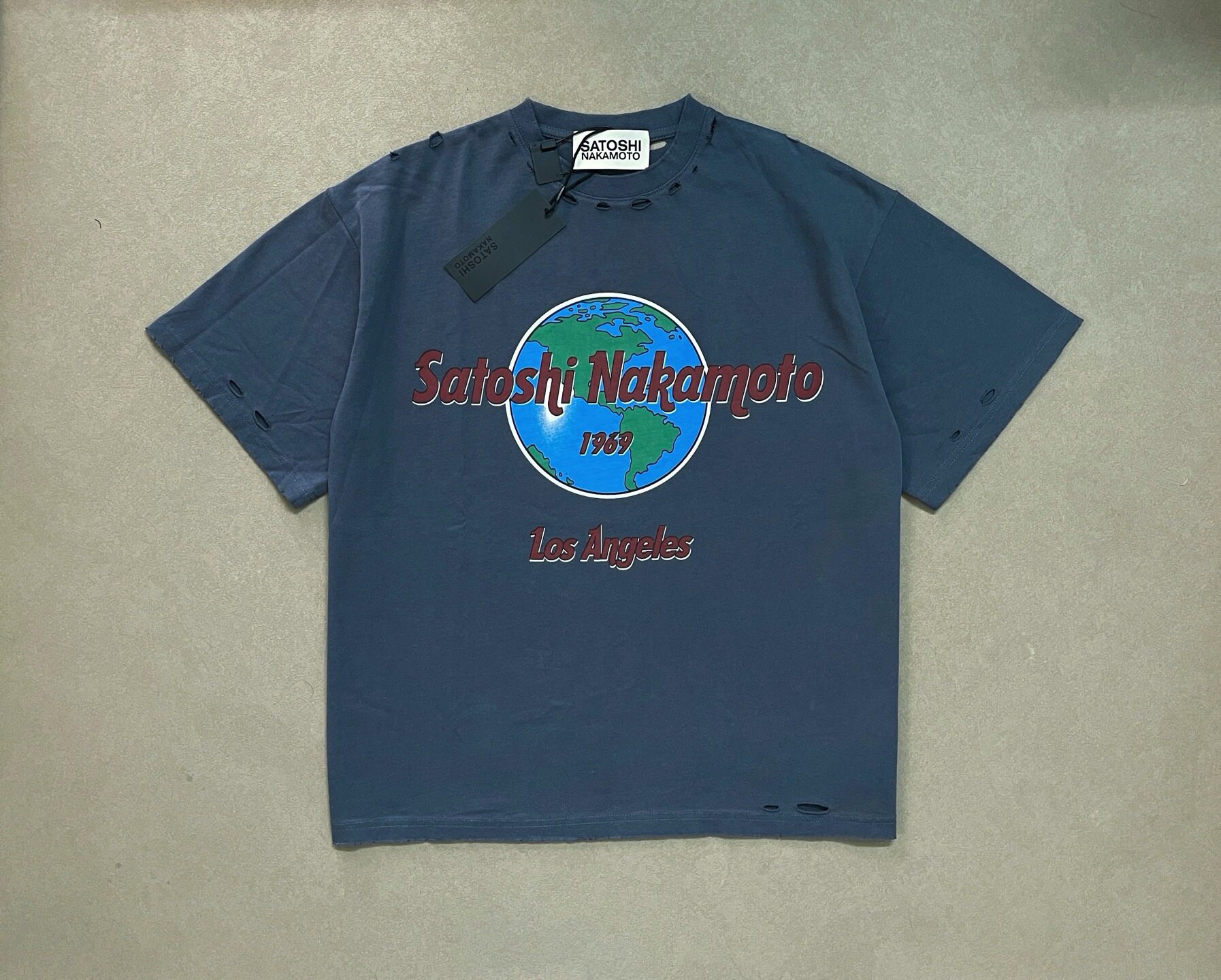 thumbnail for Japanese trendy street fashion brand SATOSHI NAKAMOTO Earth Print distressed short-sleeve T-shirt