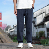 K44P75风夏季小脚九分裤直筒休闲裤棉麻宽松大码亚麻裤藏青色，男装休闲裤，星座704A（原B229A）