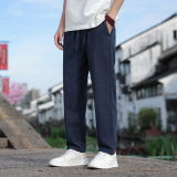 K44P75风夏季小脚九分裤直筒休闲裤棉麻宽松大码亚麻裤藏青色，男装休闲裤，星座704A（原B229A）