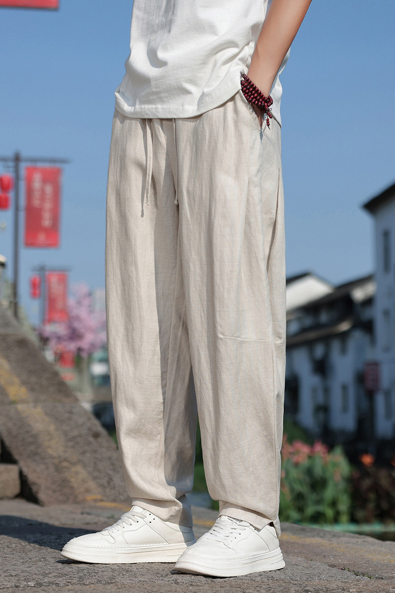 K46P105夏季薄款天丝亚麻裤子男小脚开衩阔腿宽松休闲长裤麻本色,男装休闲裤,星座704A（原B229A）