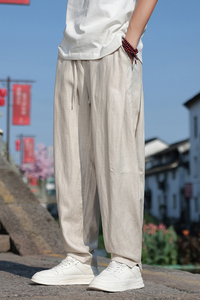 K46P105夏季薄款天丝亚麻裤子男小脚开衩阔腿宽松休闲长裤 麻本色图片