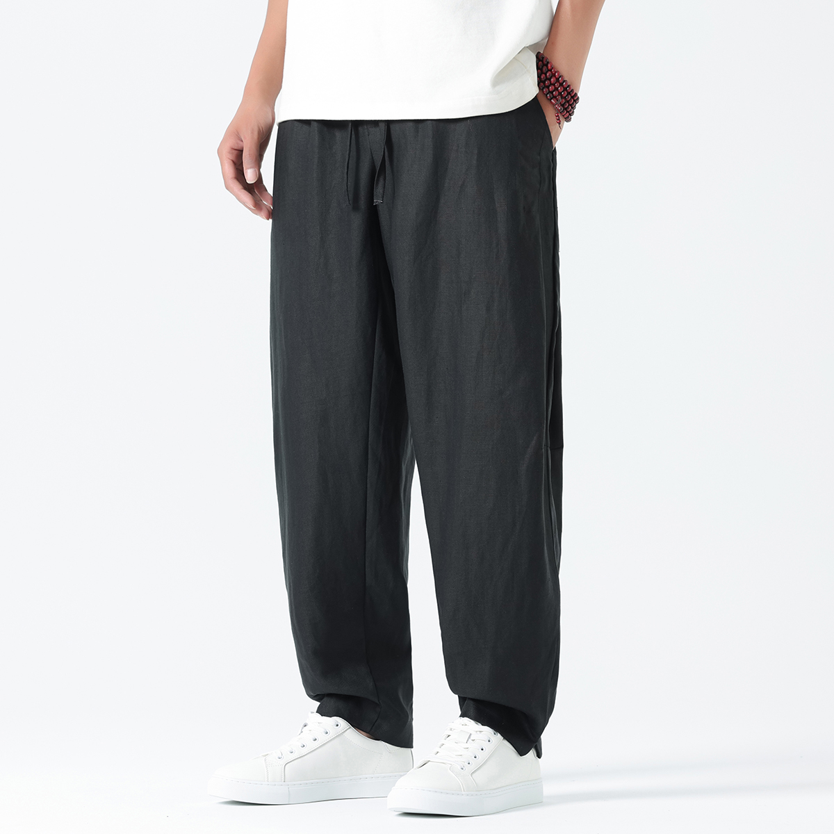 K46P105夏季薄款天丝亚麻裤子男小脚开衩阔腿宽松休闲长裤黑色，男装休闲裤，星座704A（原B229A）