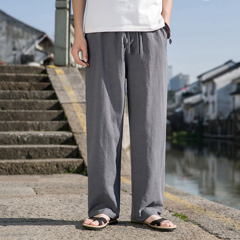 K41P75春夏棉麻裤子男风复古直筒长裤亚麻宽松透气休闲裤深灰,男装休闲裤,星座704A（原B229A）