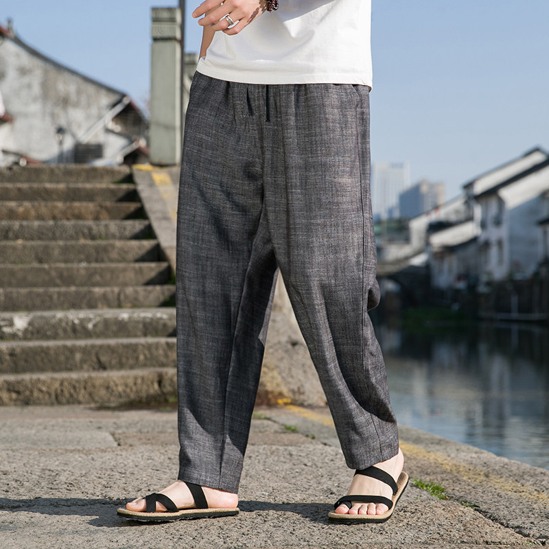 K40P75纯色简约夏季薄款亚麻裤子男棉麻料小直筒休闲裤风长裤,男装休闲裤,星座704A（原B229A）