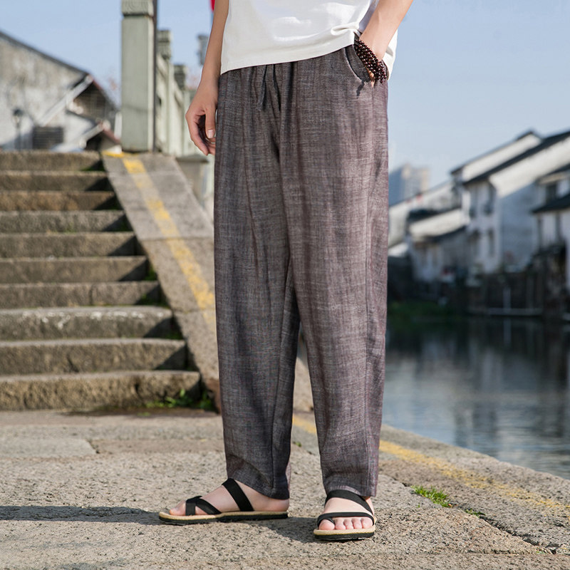 K40P75纯色简约夏季薄款亚麻裤子男棉麻料小直筒休闲裤风,男装休闲裤,星座704A（原B229A）