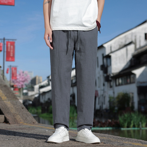 K45P75风夏季长裤直筒休闲棉麻宽松大码亚麻裤深灰色图片