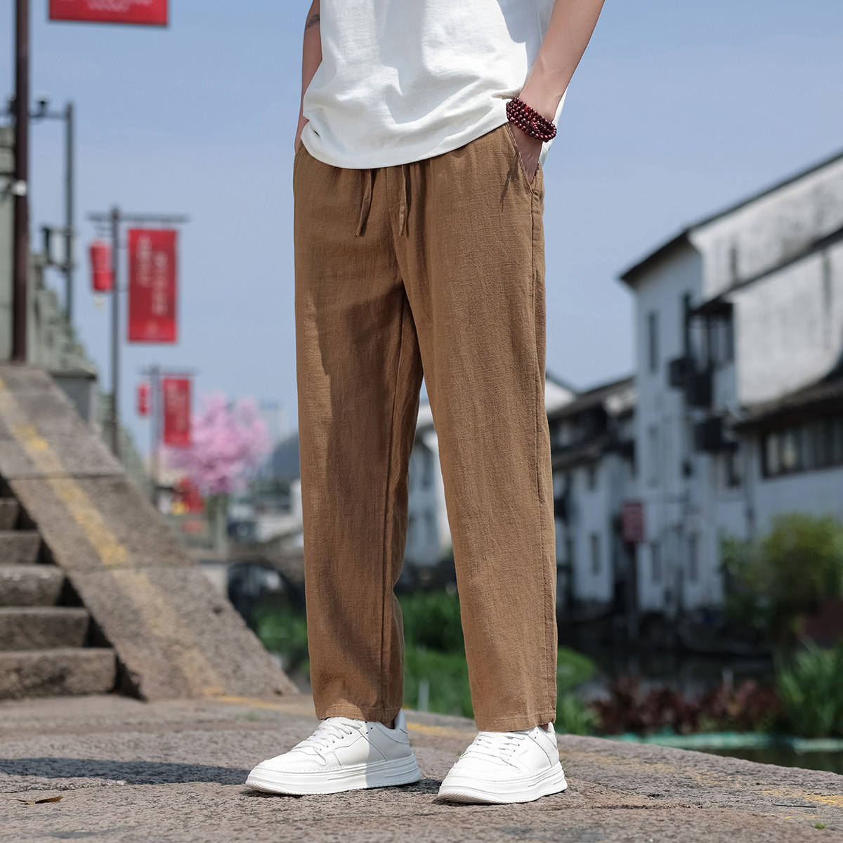 K44P75风夏季小脚九分裤直筒休闲裤棉麻宽松大码亚麻裤透气,男装休闲裤,星座704A（原B229A）