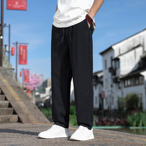 K45P75风夏季长裤直筒休闲棉麻宽松大码亚麻裤黑色