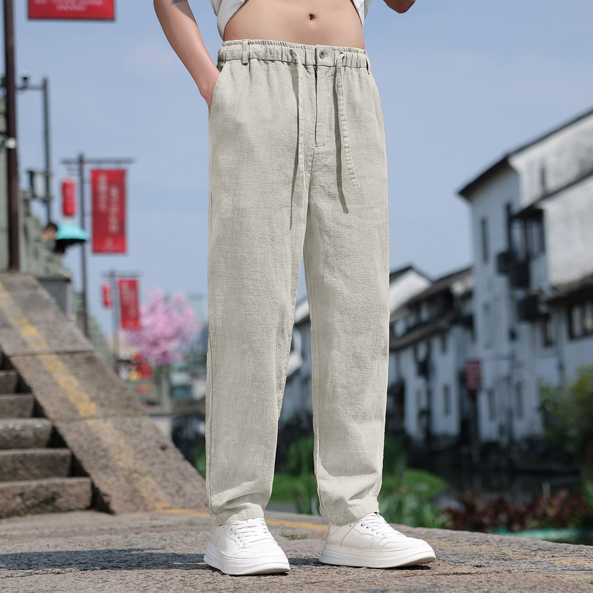 K45P75风夏季长裤直筒休闲棉麻宽松大码亚麻裤米白色图片