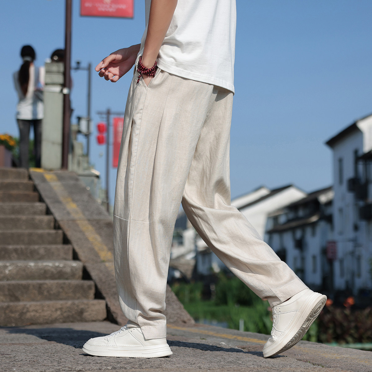 K46P105夏季薄款天丝亚麻裤子男小脚开衩阔腿宽松休闲长裤麻本色,男装休闲裤,星座704A（原B229A）