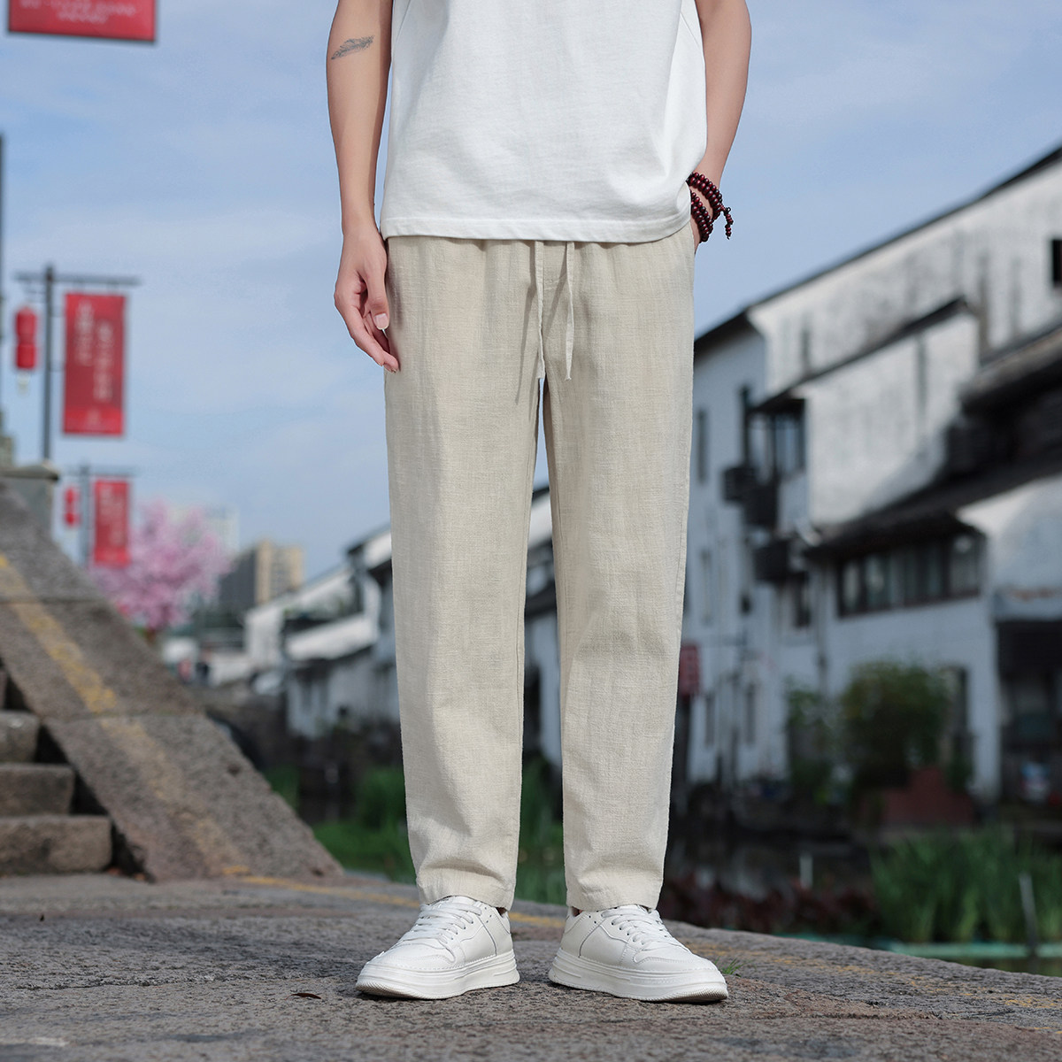 K44P75风夏季小脚九分裤直筒休闲裤棉麻宽松大码亚麻裤黑色,男装休闲裤,星座704A（原B229A）