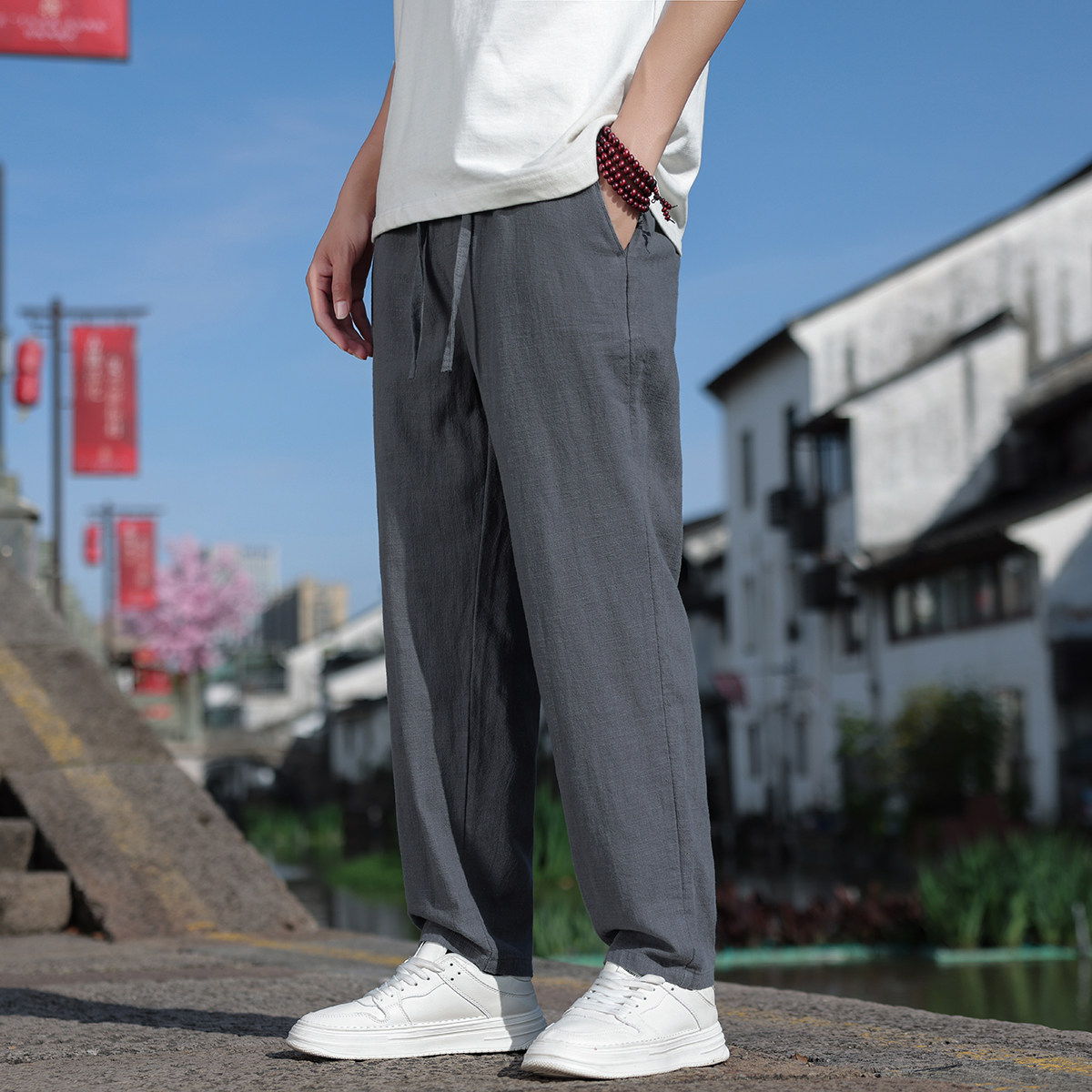 K45P75风夏季长裤直筒休闲棉麻宽松大码亚麻裤深灰色,男装休闲裤,星座704A（原B229A）