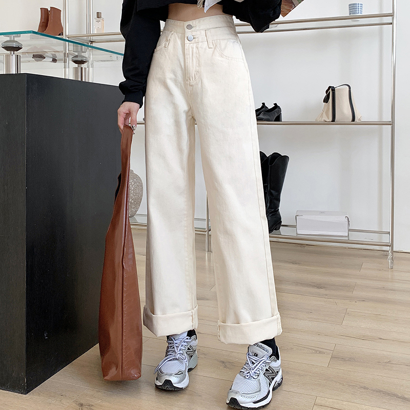 Real photo off white jeans women's Korean version loose high waisted small Taiya mopping pants straight tube wide leg pants