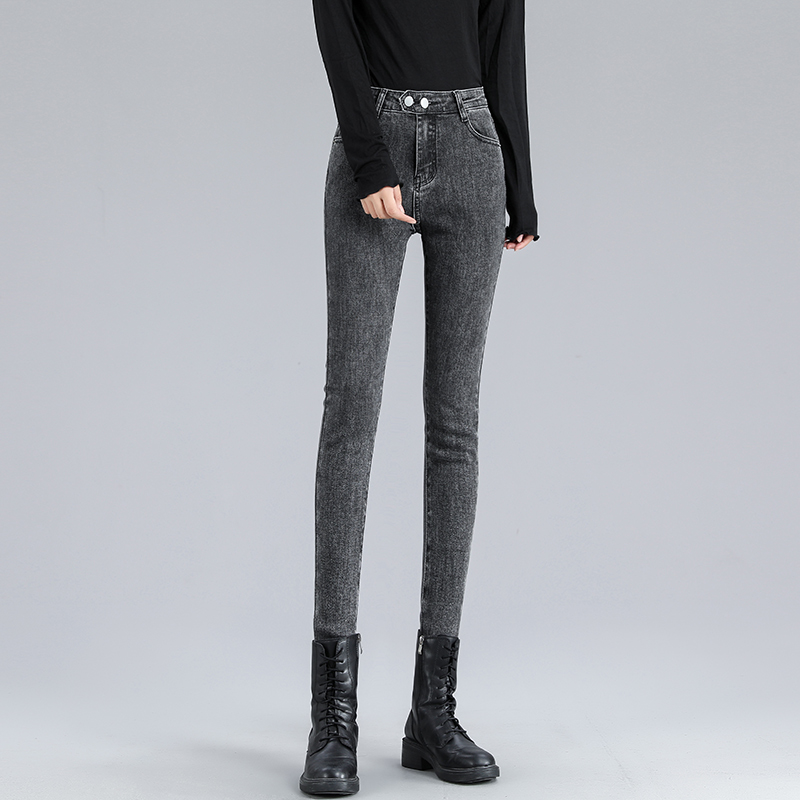 Real shot jeans women's feet high waisted slim and high skinny pencil pants in spring and Autumn