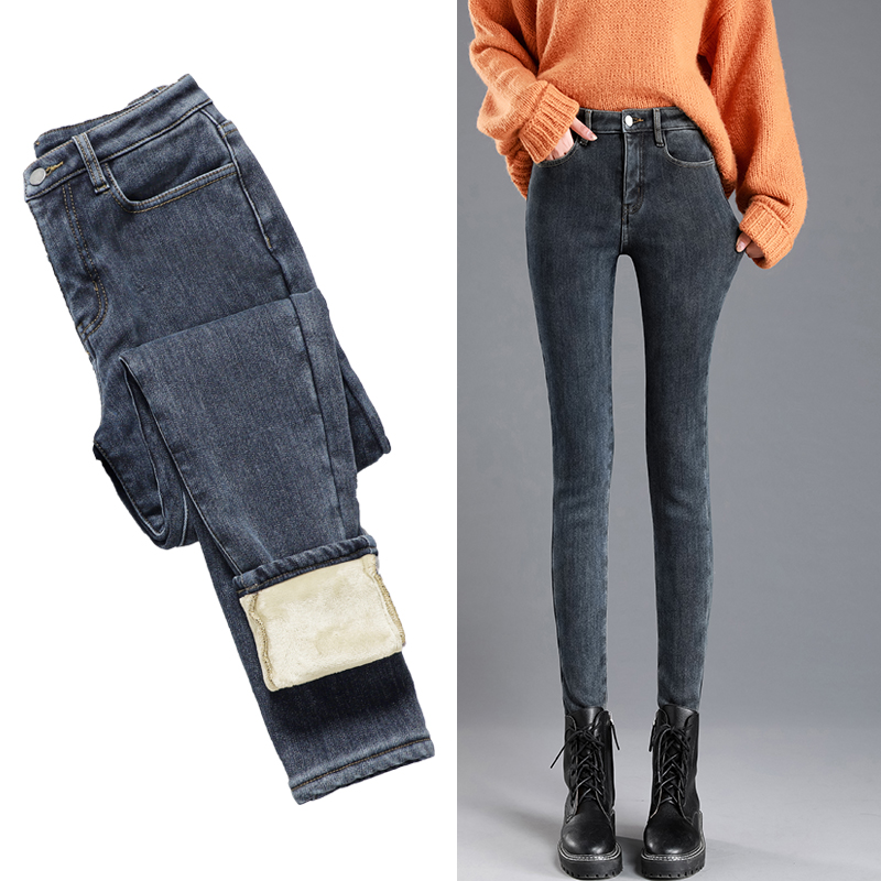 Real shot high waist jeans women's new autumn and winter slim elastic tight and plush foot pencil pants