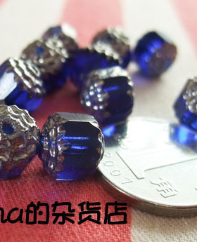 日本KIWA贵和 捷克古董珠方形切面 描银/金 宝蓝色8mm