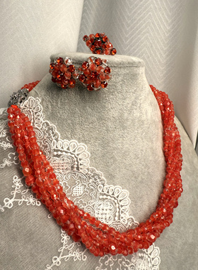 复古风 橘红石榴籽扭花项链 套样
