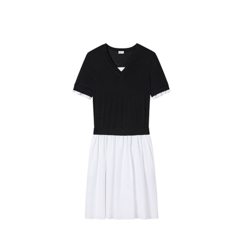 1SY2082740欧时力V领针织短袖拼接棉连衣裙