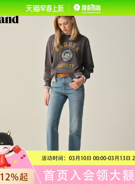 Eland衣恋牛仔裤女复古微喇裤高腰长裤子2025秋季EETJF49M06