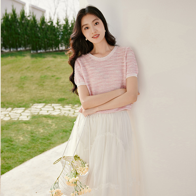 香影粉色短袖针织衫女2025夏装新款圆领玫瑰可露丽小香风薄款上衣
