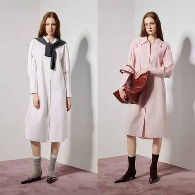 ELLE高质感清新衬衫裙女2024年秋季款法式文艺风镂空刺绣连衣裙女EL49002