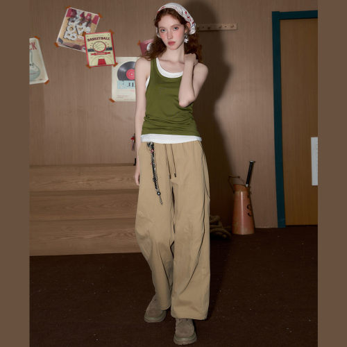 COOLHUT直筒工装美式高腰阔腿显瘦2025春季女式休闲裤松紧