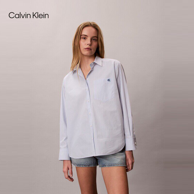 CK Jeans26春夏新女士复古休闲通勤字母绣标纯棉条纹长袖衬衫47F103G