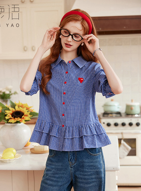 白鹿语复古蓝色格子荷叶边衬衫春秋款设计感撞色刺绣长袖上衣ZBY50087