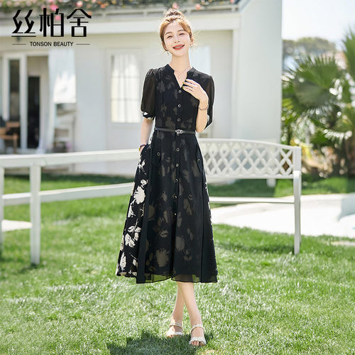 丝柏舍碎花连衣裙2025夏装女装优雅气质单排扣中长款A字裙S52B1989L