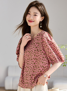 KCOR女式夏季设计感碎花透气薄款五分袖雪纺衫上衣9K0J04711