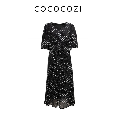 COCOCOZI黑色波点短袖中长款连衣裙242CO082L