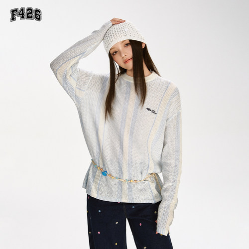 F426潮牌女款撞色条纹圆领镂空毛衣BDMY25SS-6490