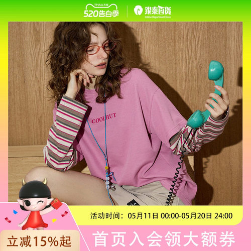 coolhut2025秋季假两件女式时尚宽松袖T恤简约潮流